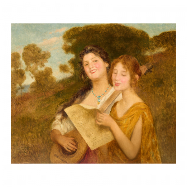 Joan Brull Vinyoles (Barcelona, 1863-1912)  Muchachas con mandolina.  Óleo sobre tela. Firmado. 