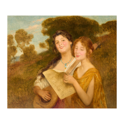 Joan Brull Vinyoles (Barcelona, 1863-1912)  Muchachas con mandolina.  Óleo sobre tela. Firmado. 