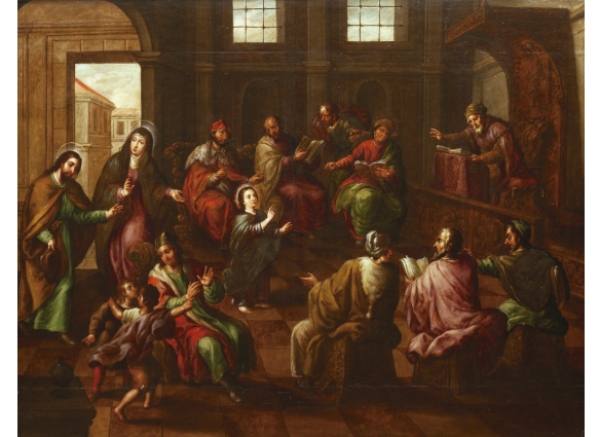 NICOLAS CORREA (México, h. 1660-1720) Jesús con los doctores en el Templo h. 1795-1700