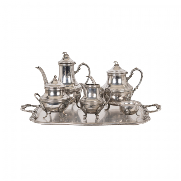 Juego de café de seis piezas en plata punzonada Cruz de Malta, ley Sterling 925, modelo Luis XV 