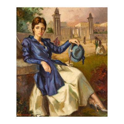 Francisco Ribera Gómez (Madrid, 1907-1996) Parisina. Óleo sobre táblex. Firmado y fechado en 1975. Titulado, firmado y fechado al dorso.