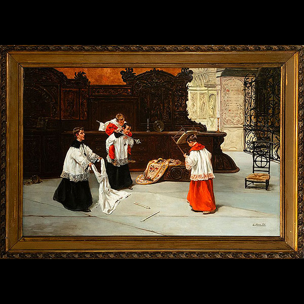 EDUARDO SÁNCHEZ SOLA (Madrid, 1869 - Granada, 1949) - Los monaguillos.   Óleo sobre lienzo.