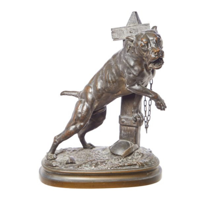Prosper Lecourtier (Gremilly, Francia, 1855-París, Francia, 1924) Prenez Garde au Chien. Escultura en bronce patinado.