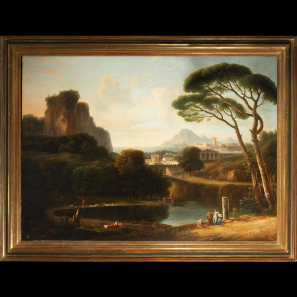 Monumental Gran Vista de Bahía de Nápoles con Personajes bajo Ruinas romanas y "Capriccio", firmado CC con Corona (número inventario de colección nobiliaria), inicios siglo XVIII.