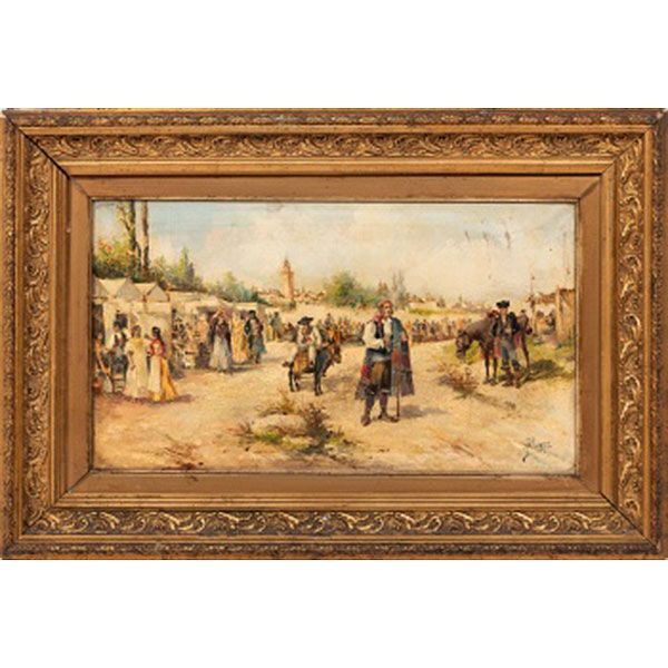 JOSÉ ÁLVAREZ FERNÁNDEZ (Activo en Madrid hacia 1870) "Día de Feria con personajes y vista de Sevilla al fondo "