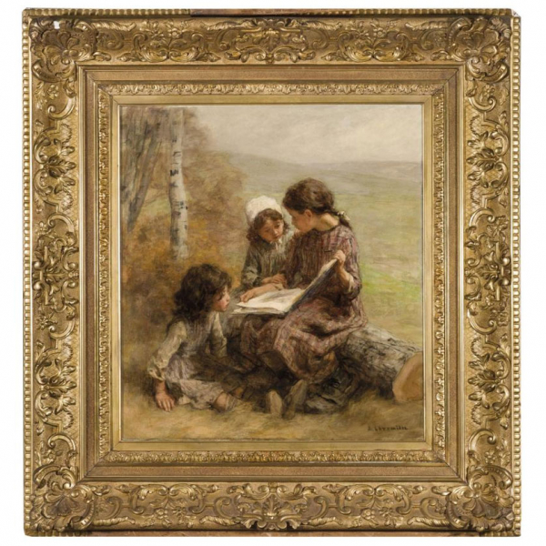 Léon-Augustin Lhermitte.   "Trois petites filles lisant (Tres niñas leyendo) (1906)". Óleo sobre lienzo. Firmado en el ángulo inferior derecho.