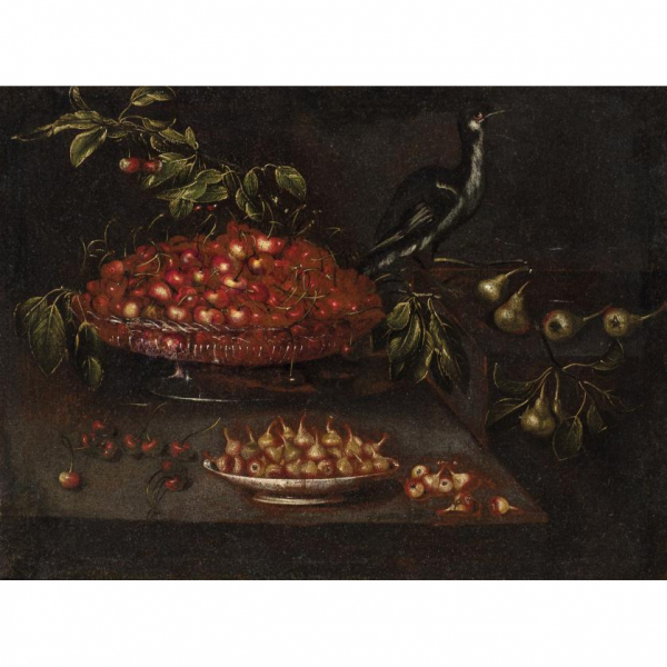 Escuela Mallorquina S. XVII.   "Bodegón de cerezas y peras". Óleo sobre lienzo.