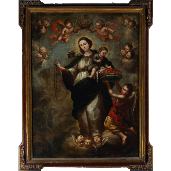 Excepcional Virgen del Rosario, a la manera de Juan de Espinal, escuela sevillana del siglo XVIII.