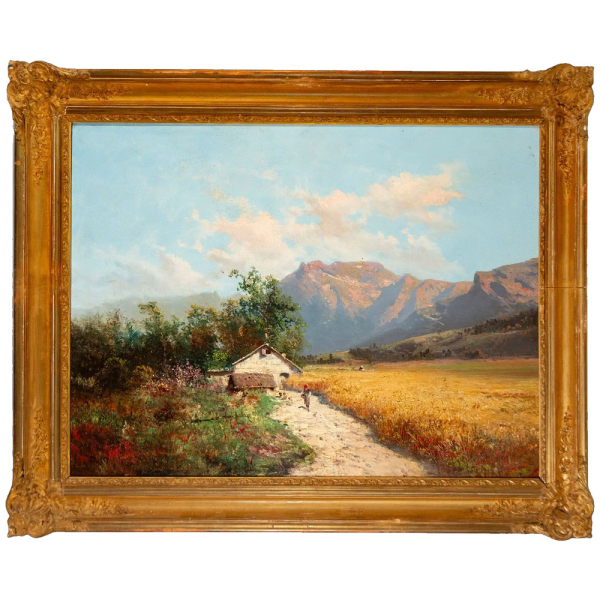 "Paisaje con casa y monta&ntilde;as" Carlos de Haes, siglo XIX.    &Oacute;leo sobre lienzo