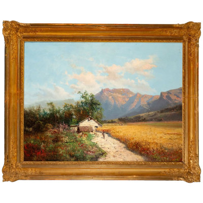"Paisaje con casa y monta&ntilde;as" Carlos de Haes, siglo XIX.    &Oacute;leo sobre lienzo