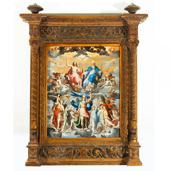 "Arcángel San Miguel Rodeado de Ángeles frente a Dios Padre, Jesucristo y el Espíritu Santo" a la manera de Bernardo Bitti, posiblemente Escuela Colonial Peruana, siglo XVII. Óleo sobre cobre