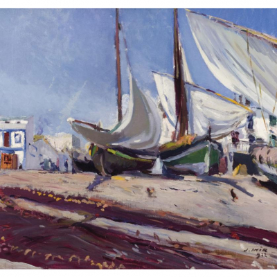 Joaquín Mir Trinxet. &quot;Barcas en la arena (1922)&quot;. Óleo sobre lienzo. Firmado y fechado (922) 