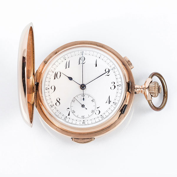 Reloj cronógrafo saboneta, suizo, ZODIAC, con sonería de repetición de horas y cuartos, en caja original de oro rosa 18 K 