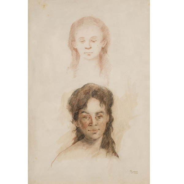 Jose Luis Figueroa.   "Estudios femeninos". Sanguina, carboncillo y aguada sobre papel.