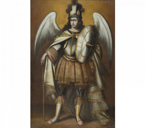 ESCUELA ANDINA, FINALES DEL SIGLO XVII- PRINCIPIOS DEL SIGLO XVIII.  San Miguel Arcángel, ca. 1690.   Óleo sobre lienzo