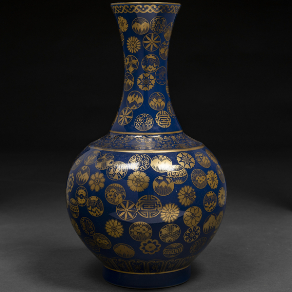 Jarrón en porcelana china color azul con decoración de motivos circulares en dorado dinastía Qing(1644-1912)