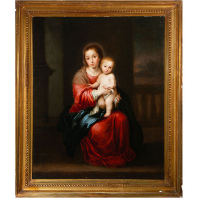 Madonna con Niño, escuela sevillana del siglo XVII, círculo de Bartolomé Esteban Murillo (Sevilla, 1618 - 1682).