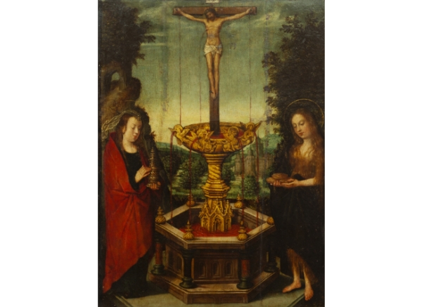 ESCUELA FLAMENCA, SIGLO XVI  La sangre del Redentor como fuente de la vida con María Magdalenca y María Egipciaca 