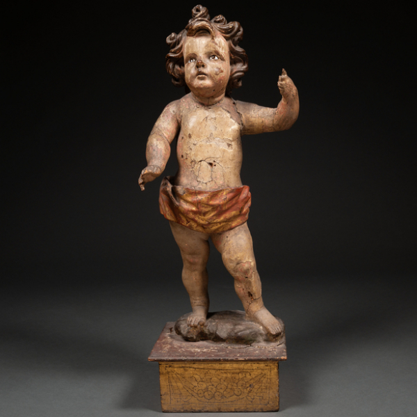 "Niño Jesús" Escultura de bulto redondo en madera tallada. Trabajo Español, S. XVIII