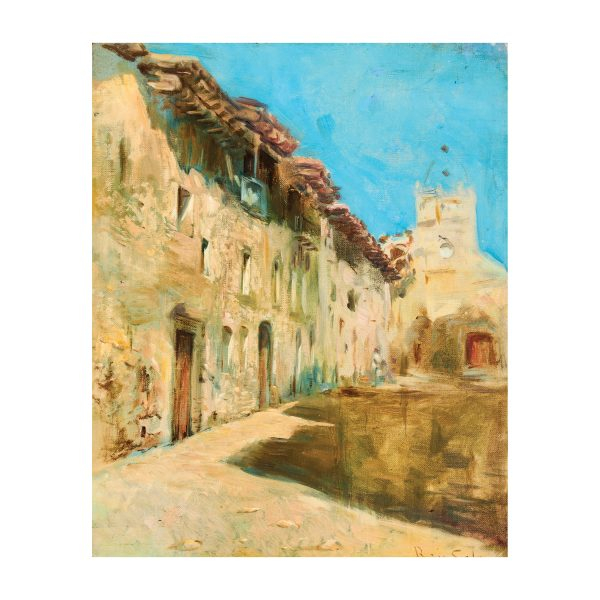 Joan Roig Soler (Barcelona, 1852-1909) Arrabal con ermita. Óleo sobre tela. Firmado.