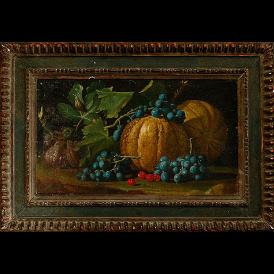 Escuela Italiana del siglo XVII - Bodegón de frutas.   Óleo sobre lienzo.