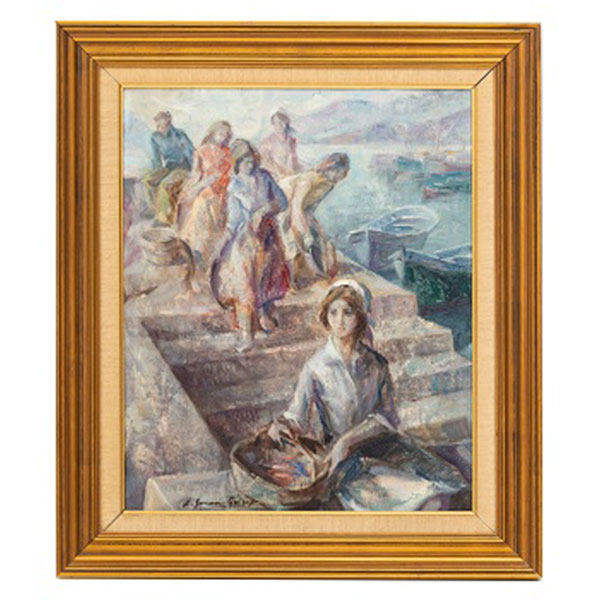 LUIS SORIANO QUIRÒS  (Granada 1932 - Bilbao 2001) "Pescaderas y arrantzales en el puerto"