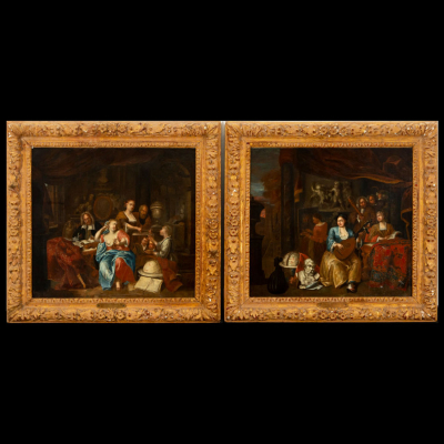 Frans Xaver Henri Verbeek (firmado), Pareja de cuadros, alegorías de las artes y las ciencias, escuela holandesa, siglos XVII - XVIII.