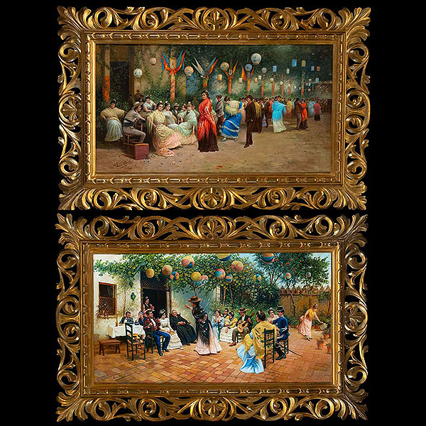Escuela Española del siglo XIX - Pareja de escenas de La Verbena y el Patio Andaluz, Firmado "Lucas Villamil"