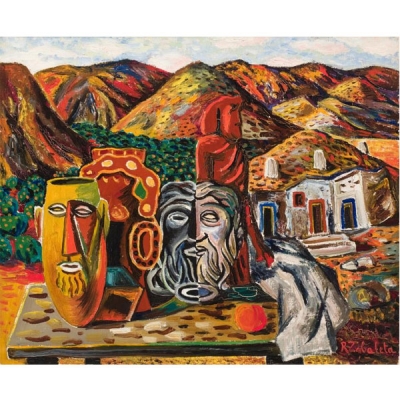 Rafael Zabaleta  (1907 - 1960).   &quot;Bodegón: cerámicas y paisaje (1949)&quot;.