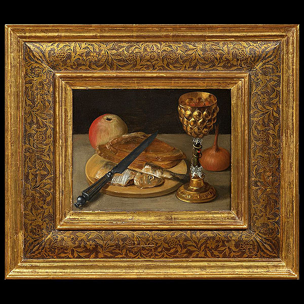 Taller de Georg Flegel (1566–1638) - Bodegón con arenque, manzana y copa de vino.