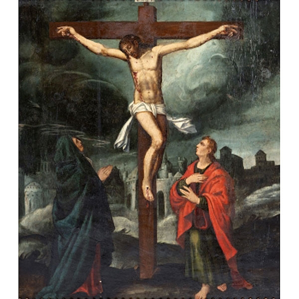 ESCUELA ESPAÑOLA  (S. XVI) &quot;Jesucristo crucificado, La Virgen María y San Juan Bautista&quot;