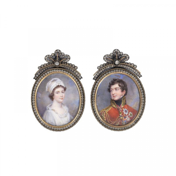 Richard Cosway. "Jorge IV como principe regente y su madre Carlota de Mecklemburgo-Strelitz". Pareja de exquisitos retratos en miniatura