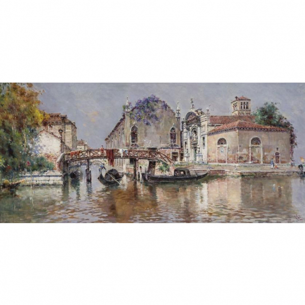 Antonio Reyna.  "Abadia de la Misericordia, Canal de Santa Maria Dell'Orto". Óleo sobre lienzo. Firmado y localizado (A. Reyna / Venecia) en el ángulo inferior derecho.