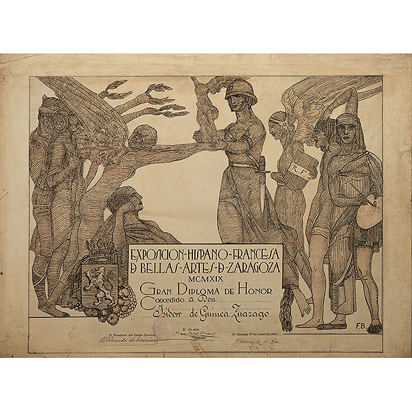 Gran diploma de honores de la Exposición Hipano- Francesa de Bellas Artes de Zaragoza de 1919 concedido a Isidoro Guinea"