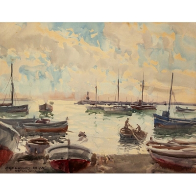 CEFERINO OLIVÉ CABRÉ  (Reus, Tarragona 1907 - 1995) &quot;Puerto y pescadores en la barca&quot;