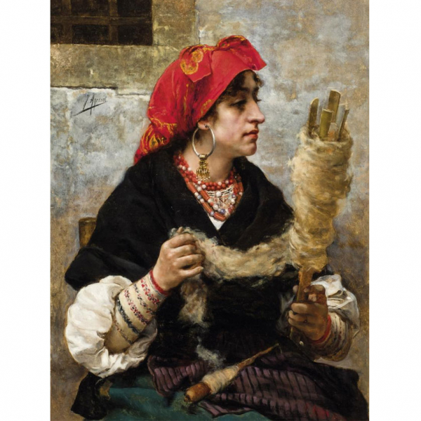 Joaquín Agrasot.   "Hilandera". Óleo sobre lienzo. Firmado en el ángulo superior izquierdo.