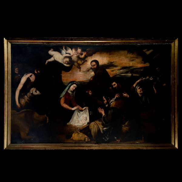 Importante Adoración de Pastores, versión de taller de José de Ribera, escuela Napolitana del siglo XVII.    Óleo sobre lienzo.
