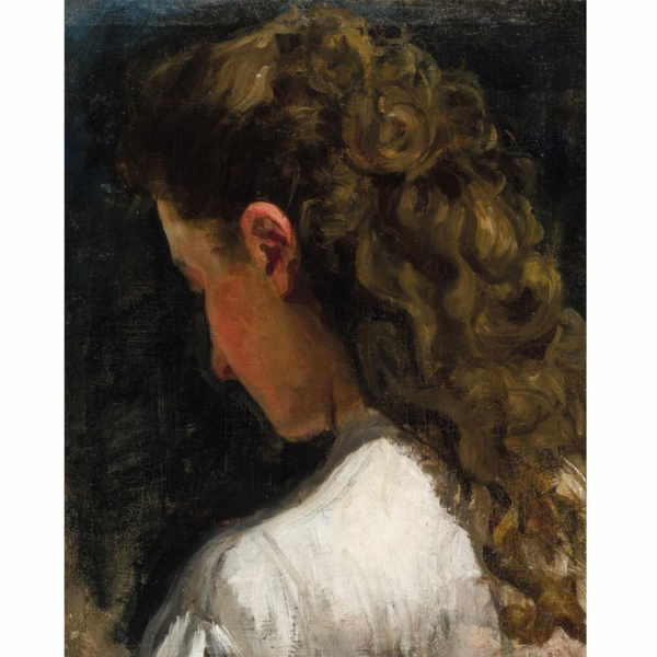 Eduardo Rosales. "Escorzo de cabeza de mujer (1864)". Óleo sobre lienzo. Etiqueta de testamentaría al dorso.