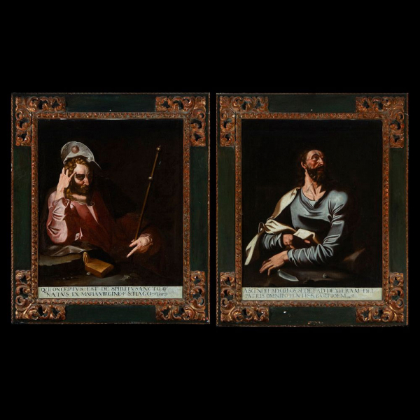 Escuela de Luis Tristán (Toledo, 1586 - 1624) - Pareja de Retratos de San Bartolomé y Santiago el Mayor. Óleo sobre lienzo.