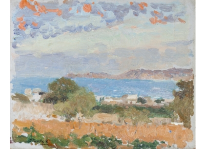 JOAQUÍN SOROLLA Y BASTIDA (Valencia, 1863 - Madrid, 1923) Paisaje de Jávea  Óleo sobre cartón Moirinat, París