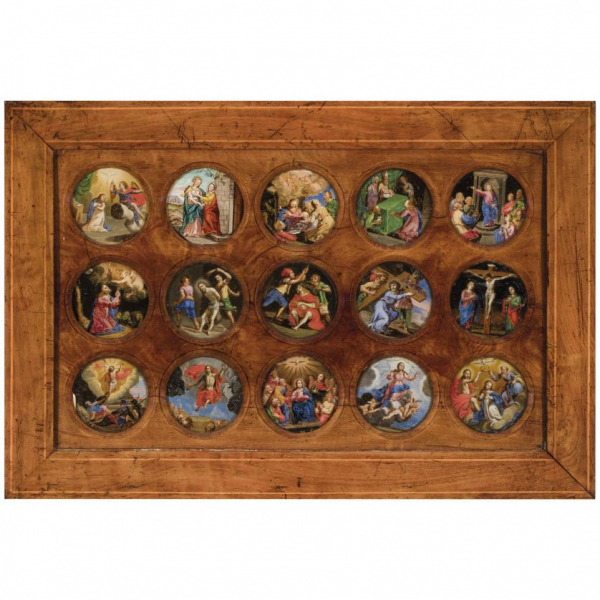 Escuela Italiana S. XVII-XVIII.   "Vida de Cristo". Quince óleos sobre cristal montados en panel rectangular