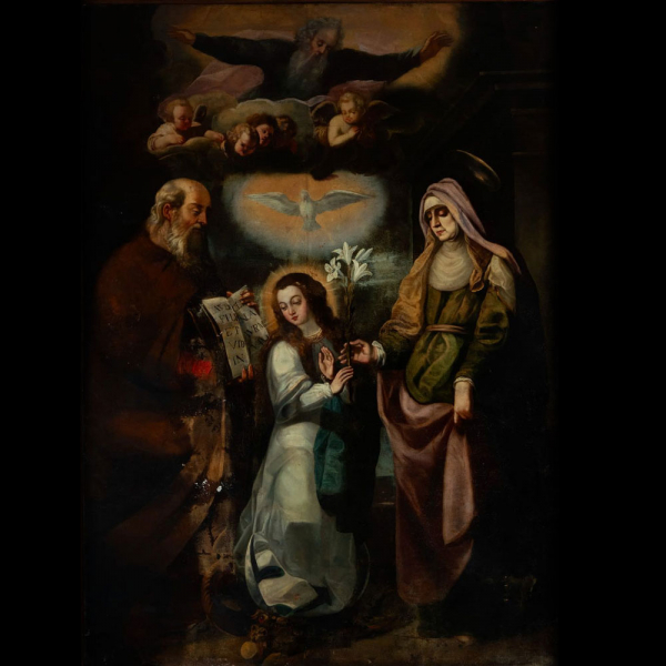 Miguel Güelles (1607 - 1637), San Joaquín, Santa Ana y Virgen María niña, escuela sevillana, siglo XVII.   Óleo sobre lienzo.