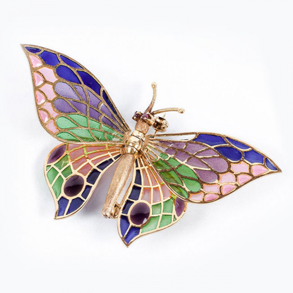 Bello alfiler vintage de alta joyer&iacute;a en forma de mariposa, en oro amarillo 18 K, con esmaltes transparentes multicolor.