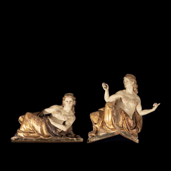 Pareja de decorativas cariátides del Renacimiento en madera - España o Portugal siglo XVI.
