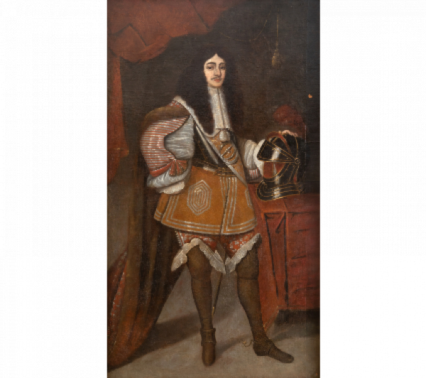 ESCUELA ESPAÑOLA, SEGUNDA MITAD DEL SIGLO XVII  Retrato de caballero de cuerpo entero, su mano izquierda apoyada sobre un yelmo en una mesa vestida; detrás un cortinaje 