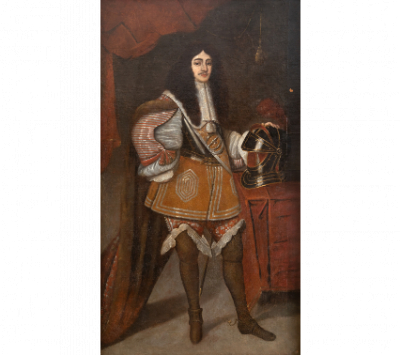 ESCUELA ESPAÑOLA, SEGUNDA MITAD DEL SIGLO XVII  Retrato de caballero de cuerpo entero, su mano izquierda apoyada sobre un yelmo en una mesa vestida; detrás un cortinaje 