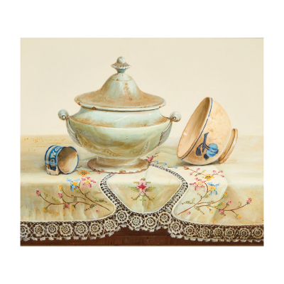 Cl&agrave;udia de Vilafam&eacute;s (Vilafam&eacute;s, Castell&oacute;n, 1967) Bodeg&oacute;n con sopera y porcelana. &Oacute;leo sobre tabla. Firmado.