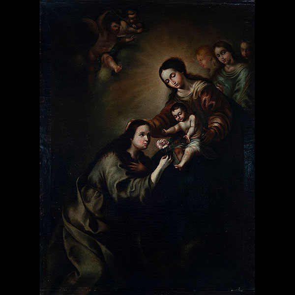 Santa Rosa de Lima, Patrona del Perú a los Pies de la Virgen, escuela colonial Virreinal de finales del siglo XVII. Óleo sobre lienzo