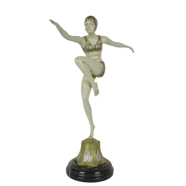 Despu&eacute;s de Ferdinand Preiss  Con brio.   Escultura en bronce patinado, dorado y esmaltado sobre peana en m&aacute;rmol negro. Firmada.  