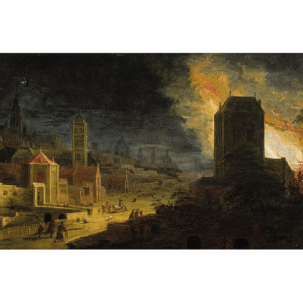 VAN HEIL, DANIEL (1602 - 1662)   "Incendio nocturno". Óleo sobre lienzo. Reentelado.